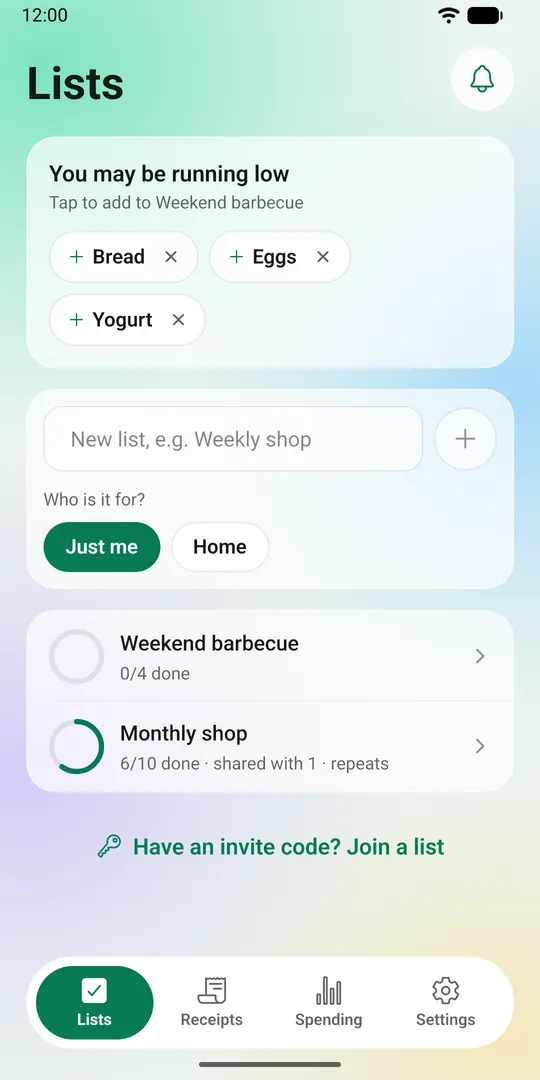 The Lists screen: your lists with how many items are done, and a card suggesting things you may be running low on